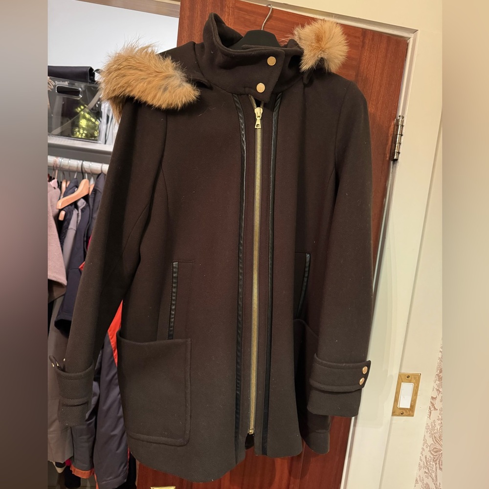 Trina Turk Army Green Wool Coat with Coyote Fur Hood